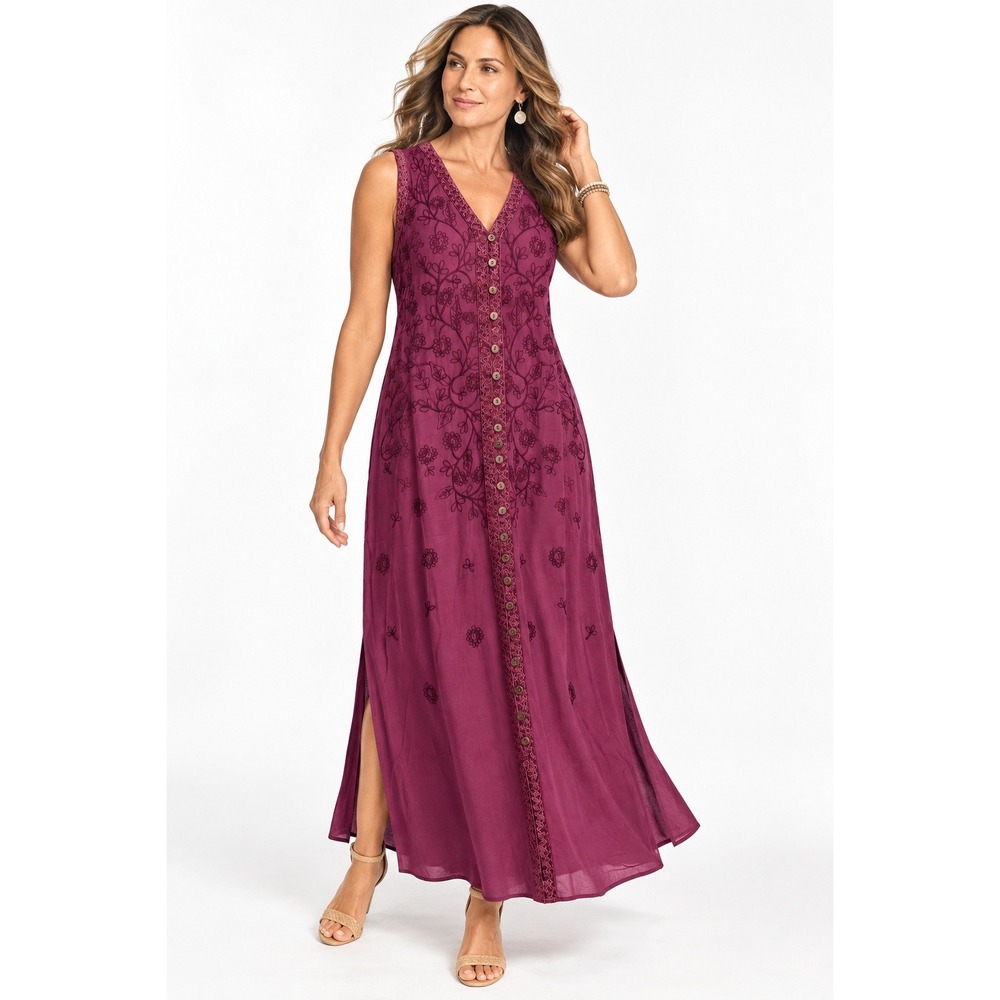 Soft Surroundings Purple Embroidered Maxi Dress Sleeveless Button Front XL NWOT